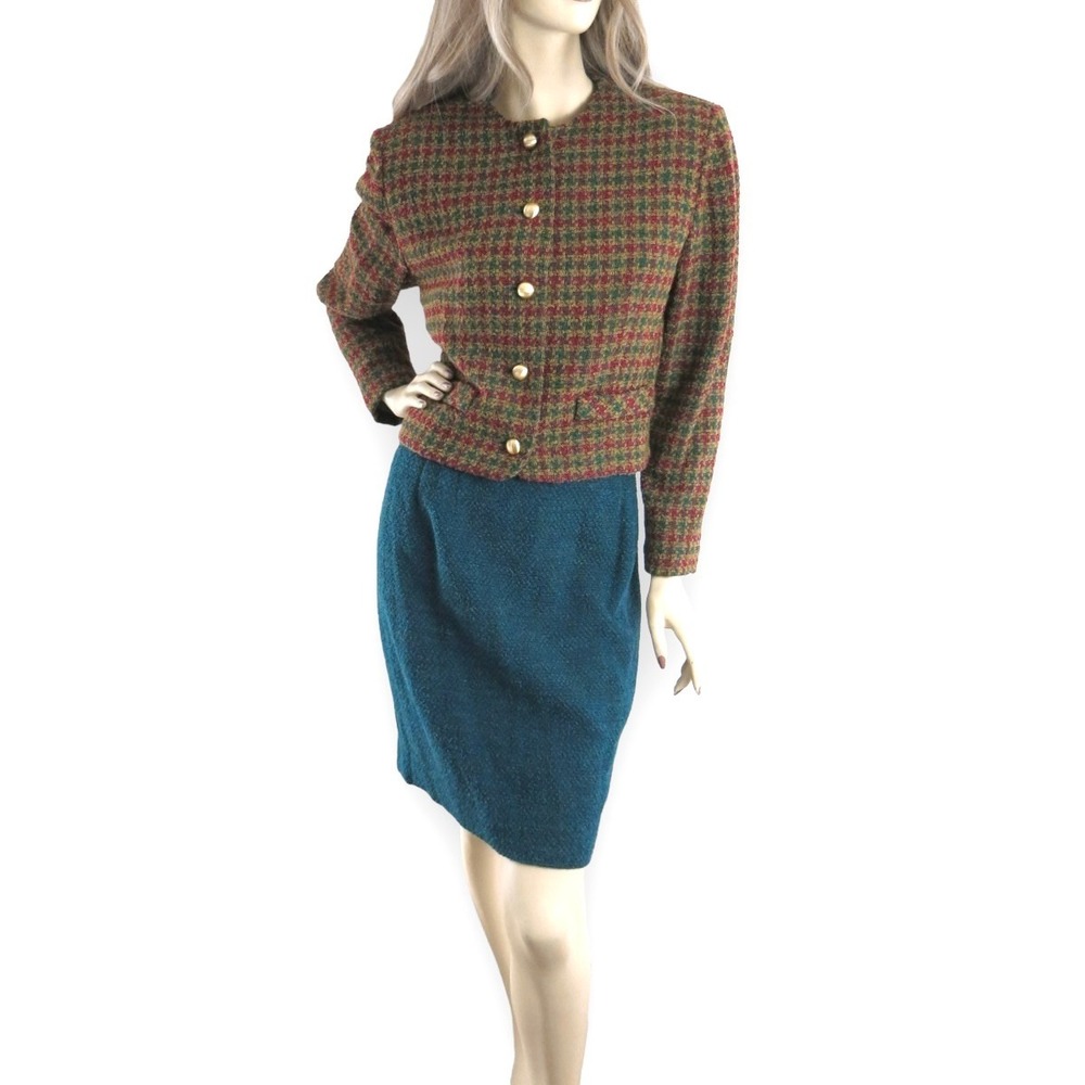 Vintage 80s Houndstooth Skirt Suit Cropped Jacket Pencil Skirt Medium